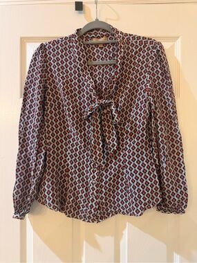 Anthropologie Kachel 100% Silk Long-Sleeve Tie-Neck Printed Blouse